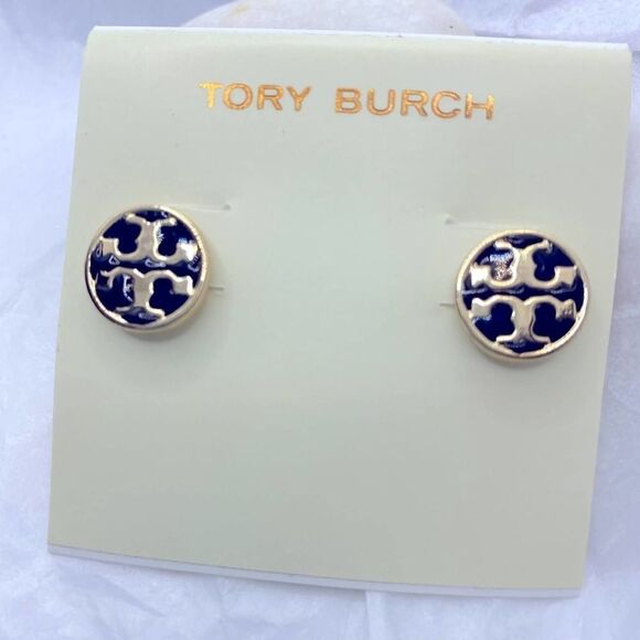 NWOT Tory Burch Gold Logo Black Enamel Small Stud Earrings - Picture 1 of 5